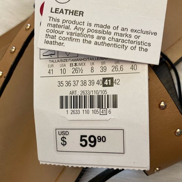 Zara Studded Brown Nude Leather Minimalist Flat Sandals Shoes Size 10 - Picture 8 of 10